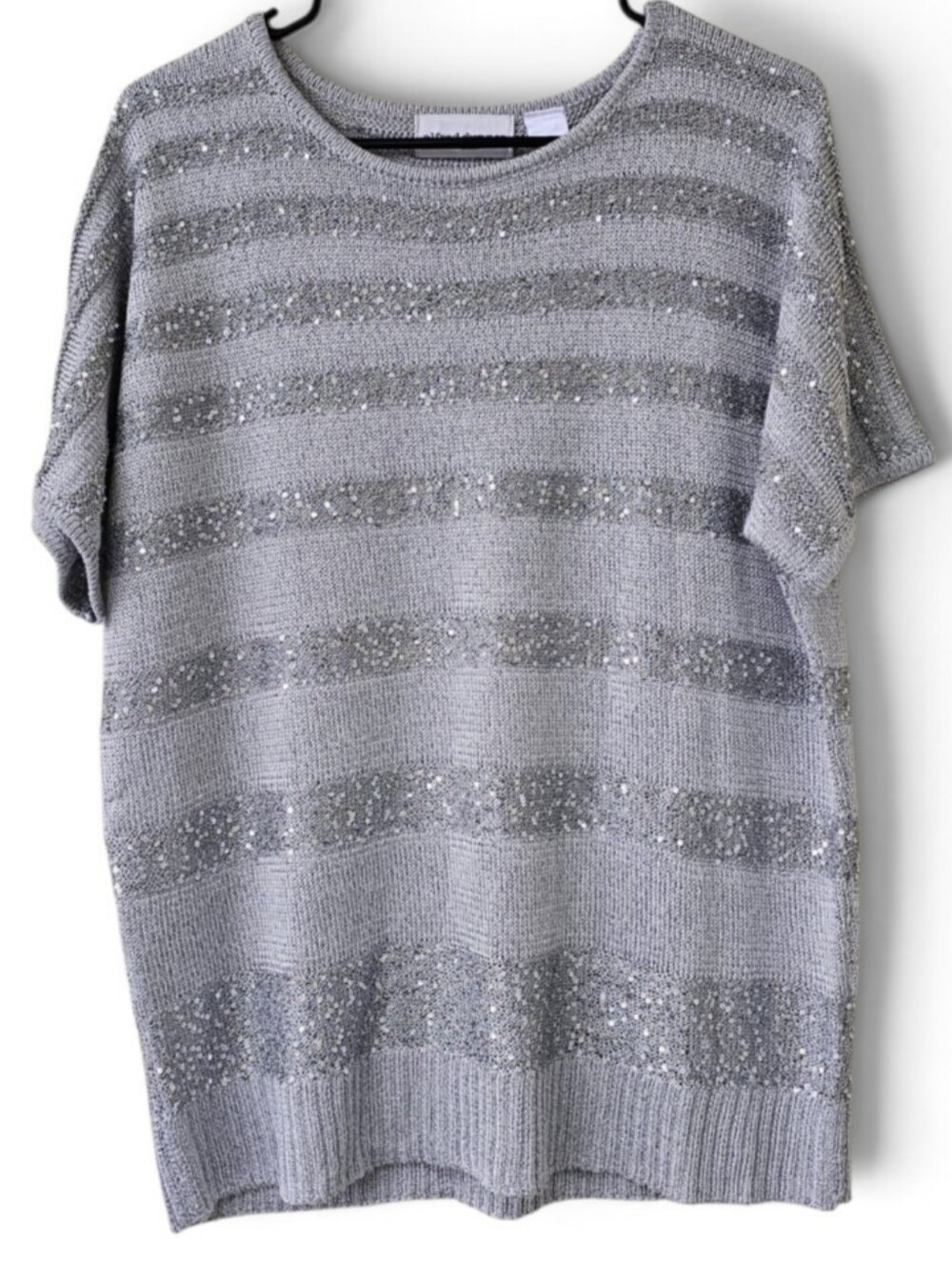 Alfred Dunner Sequin Sweater Silver Grey Stripe Crew Neck Pullover Size L